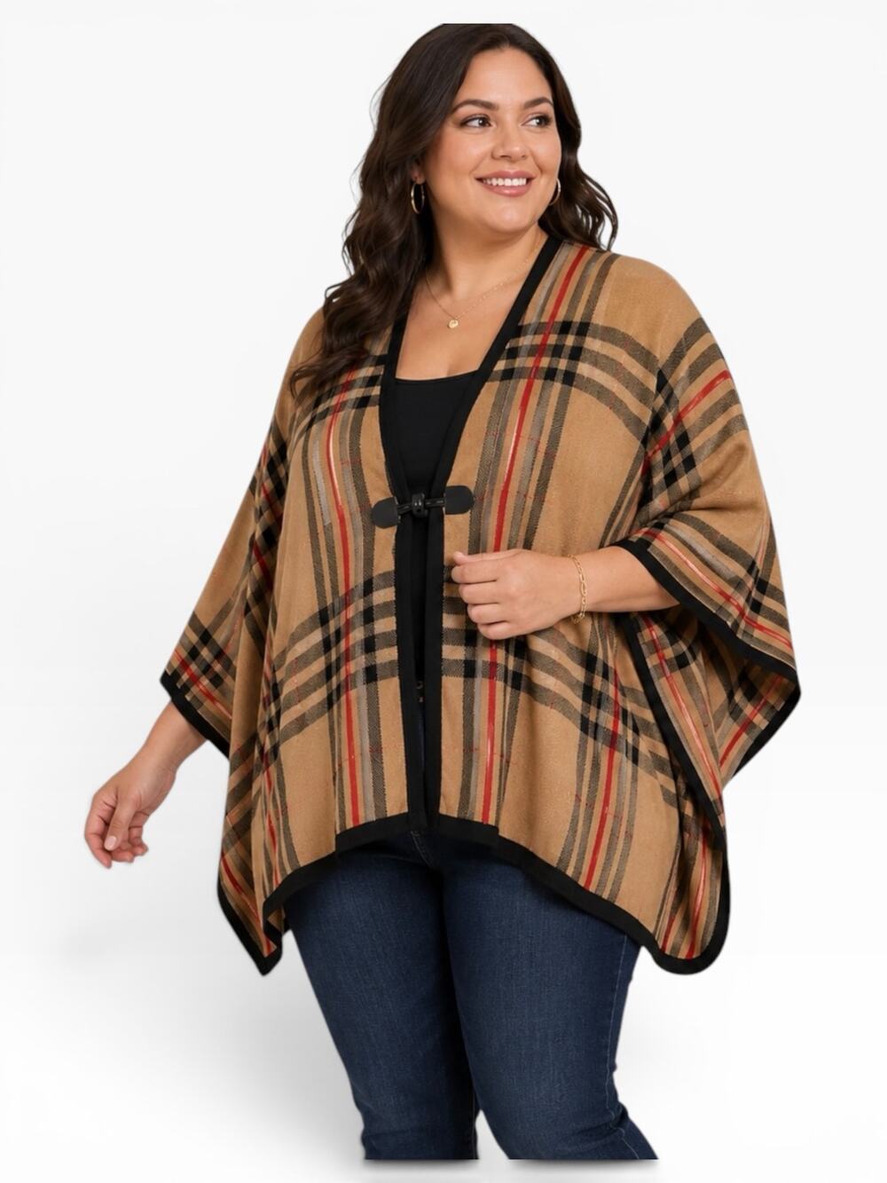 Anne Klein Plaid Toggle Cape Poncho Sweater XL NWT